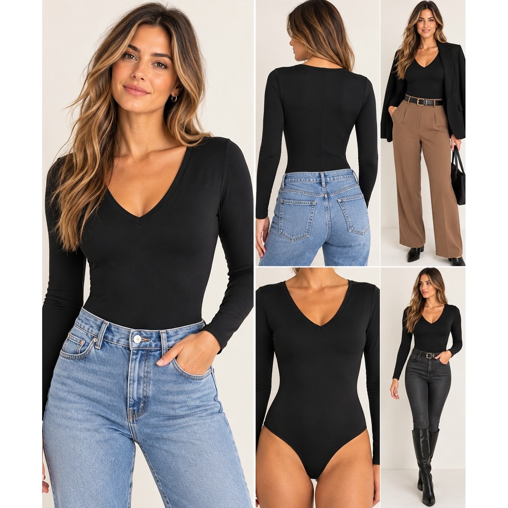 Spanx Suit Your Fancy Sleek Y2K Long Sleeve Bodysuit Black Size Med thong back